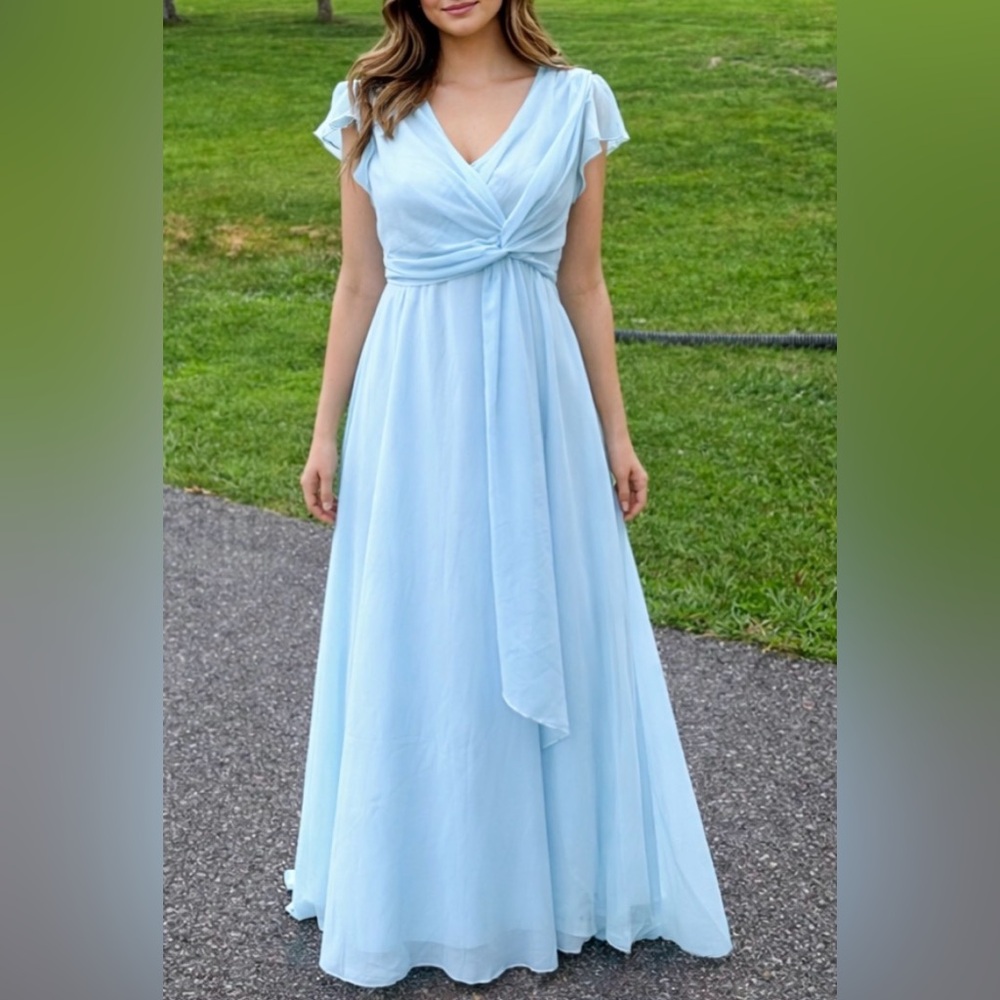 -Made With Love Bridesmaid Party Baby Blue Chiffon Long Cap Sleeve Small